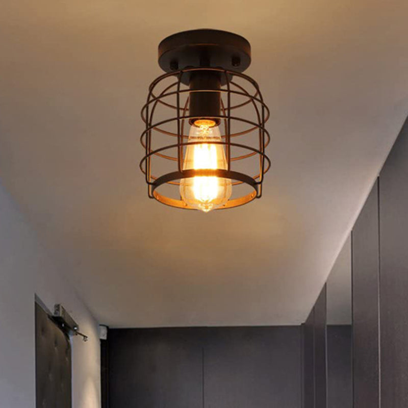 Retro Industrial Style Ceiling Light with Metal Frame Shade Wrought Iron Flush-mount Lamp in Black