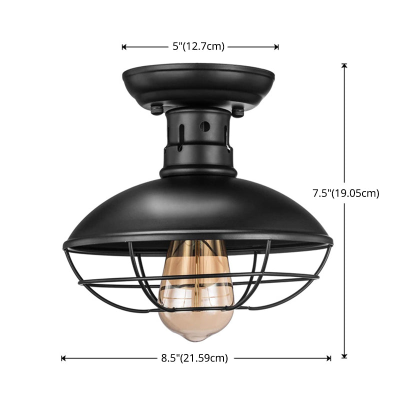 Retro Industrial Style Ceiling Light with Metal Frame Shade Wrought Iron Flush-mount Lamp in Black