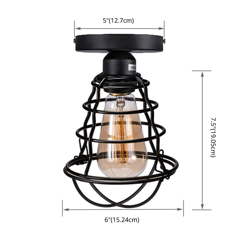 Retro Industrial Style Ceiling Light with Metal Frame Shade Wrought Iron Flush-mount Lamp in Black