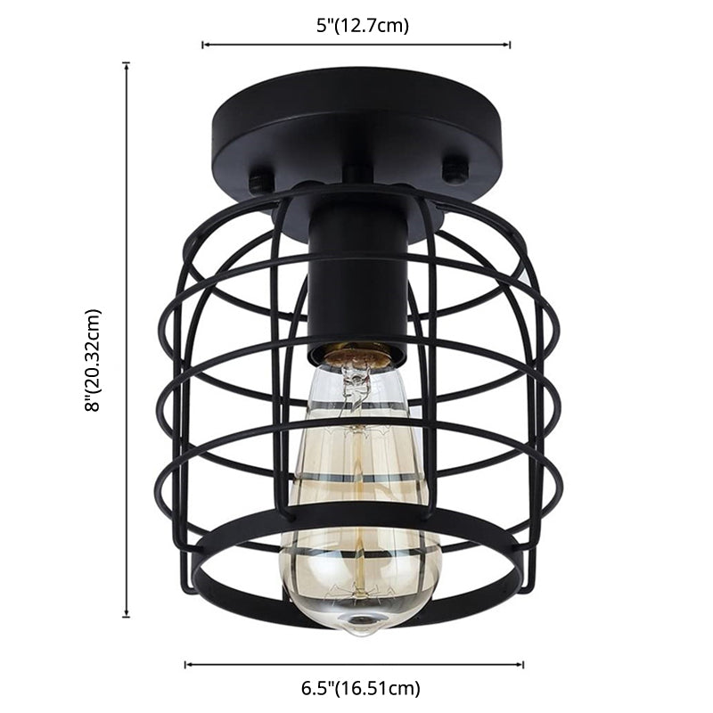 Retro Industrial Style Ceiling Light with Metal Frame Shade Wrought Iron Flush-mount Lamp in Black