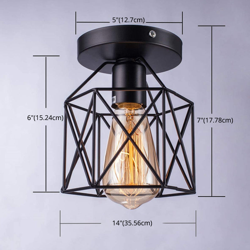 Retro Industrial Style Ceiling Light with Metal Frame Shade Wrought Iron Flush-mount Lamp in Black