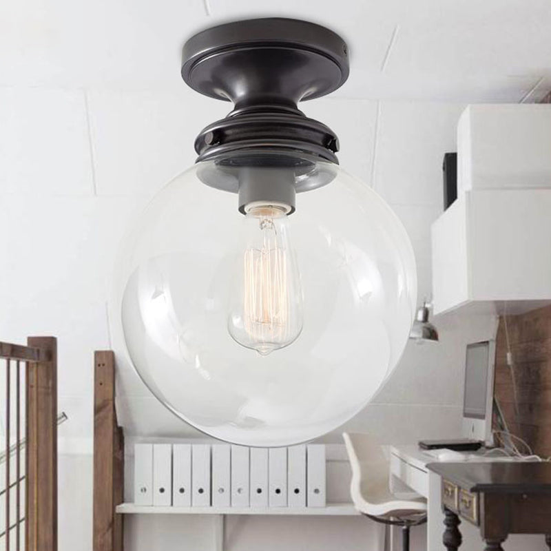 Light de plafond industriel à 1 lumière avec une teinte en verre transparent lampe à monte à chasse d'eau rond en noir pour la boutique en tissu