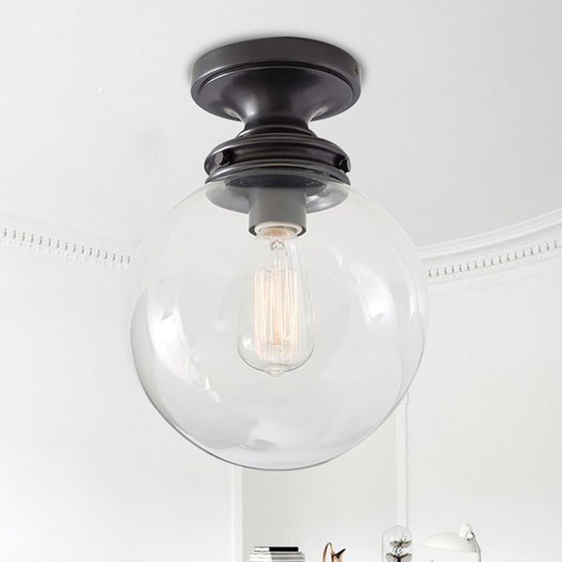 Light de plafond industriel à 1 lumière avec une teinte en verre transparent lampe à monte à chasse d'eau rond en noir pour la boutique en tissu