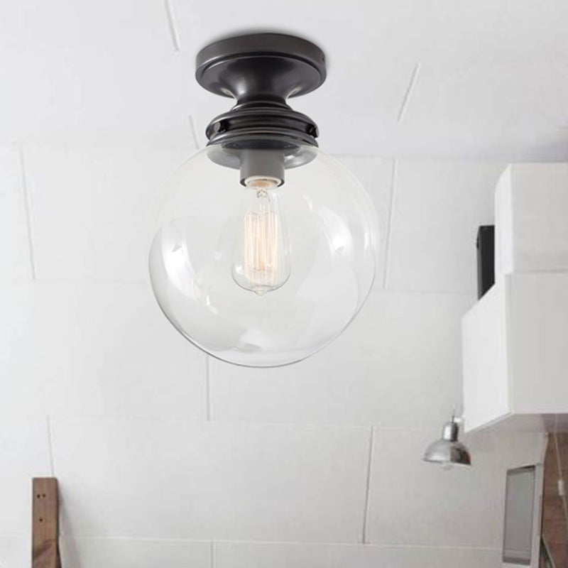 Light de plafond industriel à 1 lumière avec une teinte en verre transparent lampe à monte à chasse d'eau rond en noir pour la boutique en tissu