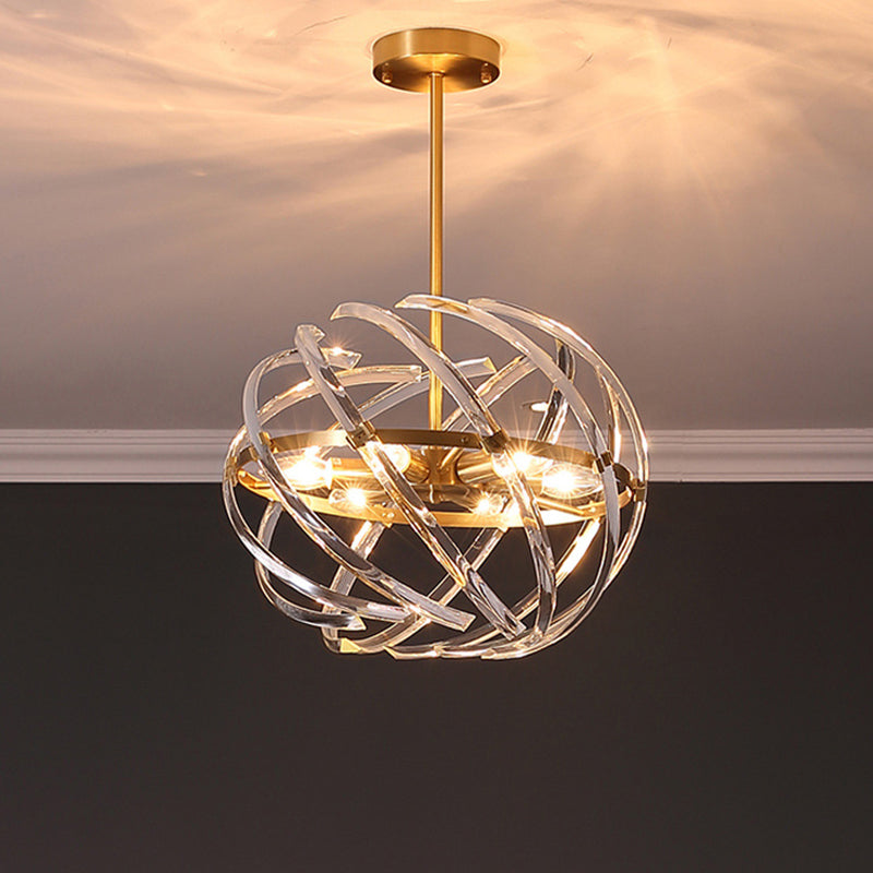 6 Heads Bedroom Chandelier Lamp Postmodern Gold Hanging Light with Orbit Curved Crystal Rod Shade