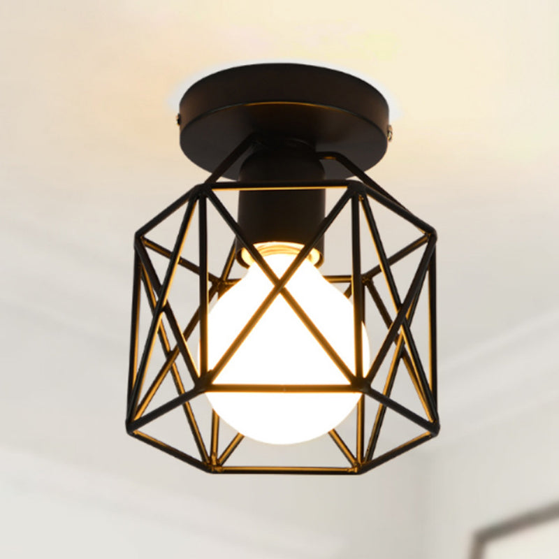 Retro Industrial Black Ceiling Light Single Light Wire Frame Semi Flush Light for Kitchen