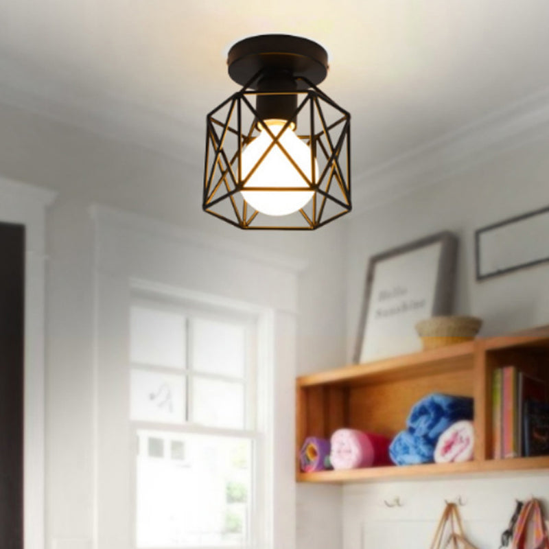 Retro Industrial Black Ceiling Light Single Light Wire Frame Semi Flush Light for Kitchen