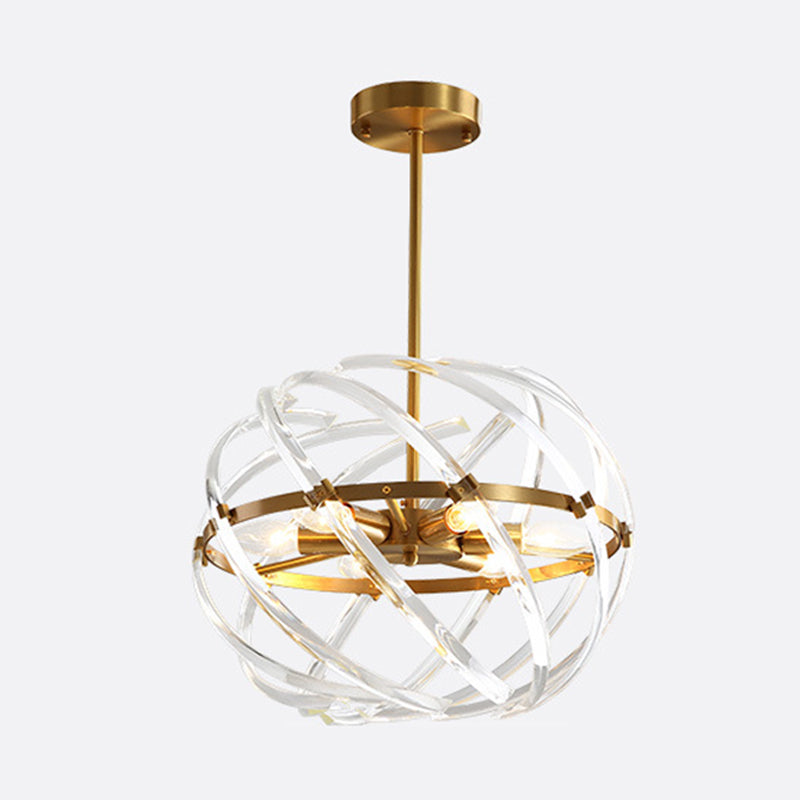 6 Heads Bedroom Chandelier Lamp Postmodern Gold Hanging Light with Orbit Curved Crystal Rod Shade