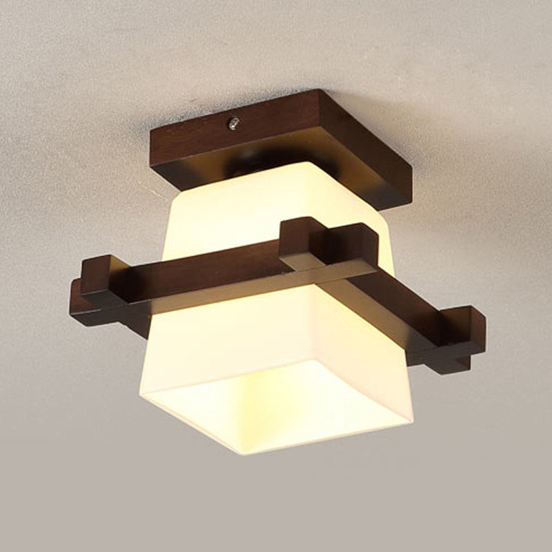 1-Light Wooden Ceiling Light Modern Simplicity Semi Flush Light with Square Glass Shade