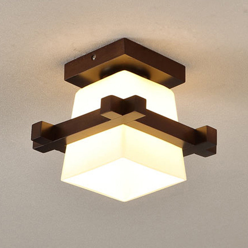 1-Light Wooden Ceiling Light Modern Simplicity Semi Flush Light with Square Glass Shade