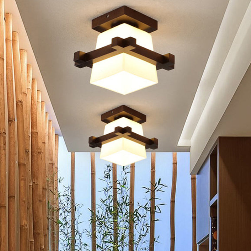 1-Licht-Holzdecke Licht moderne Einfachheit halb Flush Light mit quadratischen Glasschatten