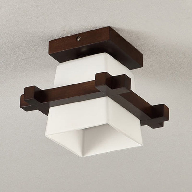 1-Light Wooden Ceiling Light Modern Simplicity Semi Flush Light with Square Glass Shade