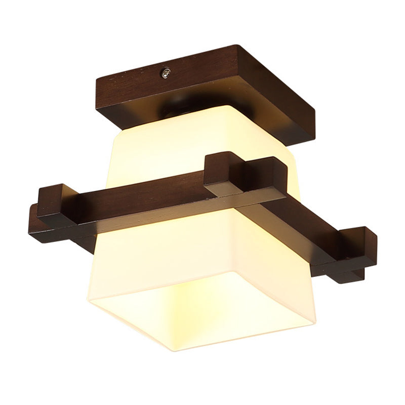 1-Light Wooden Ceiling Light Modern Simplicity Semi Flush Light with Square Glass Shade