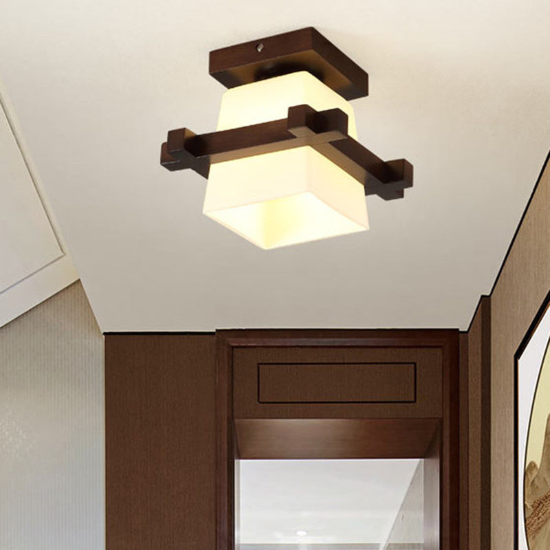 1-Light Wooden Ceiling Light Modern Simplicity Semi Flush Light with Square Glass Shade