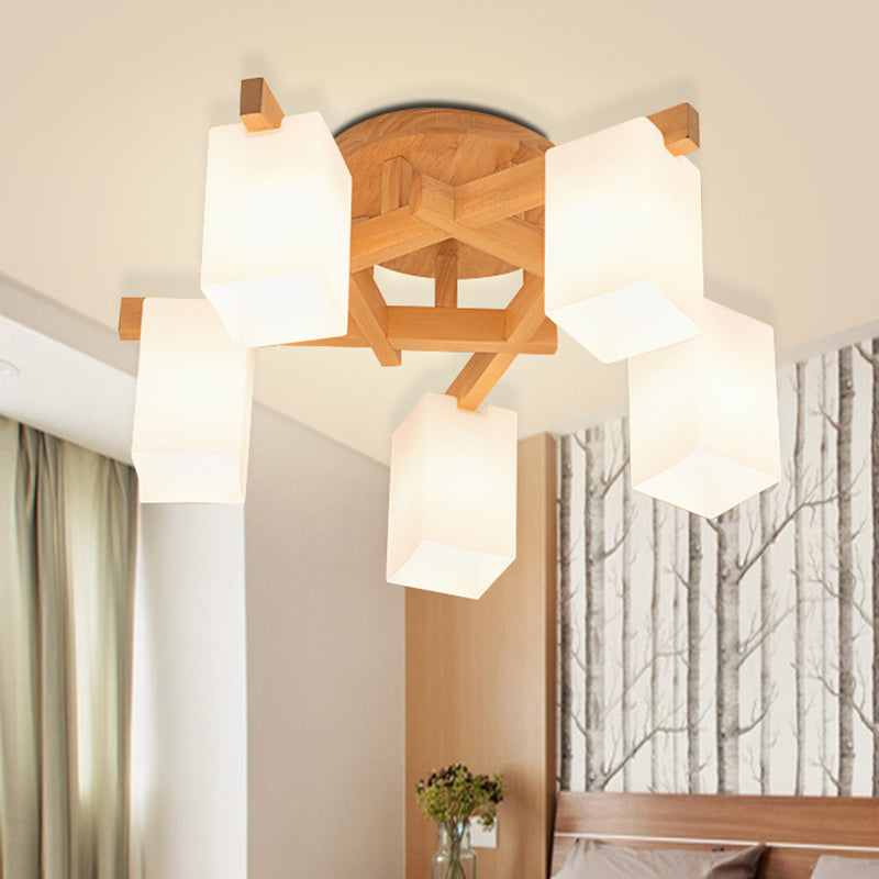 Branche en bois Light Plafond Light moderne Mount Mount Light avec une teinte en verre givré blanc laiteux