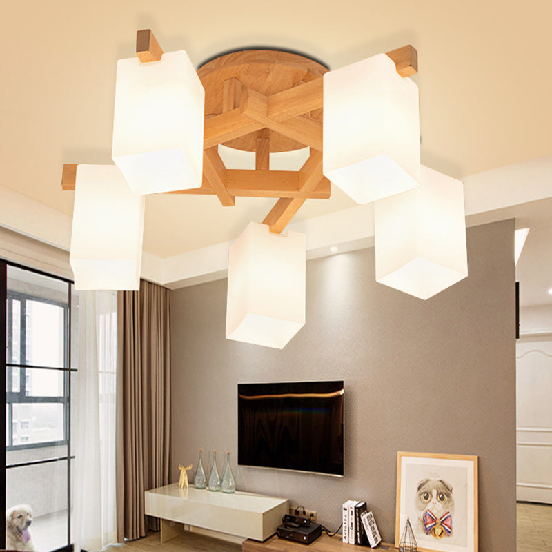 Wooden Branch Shape Ceiling Light Modern Flush Mount Light with Milky White Frosted Glass Shade