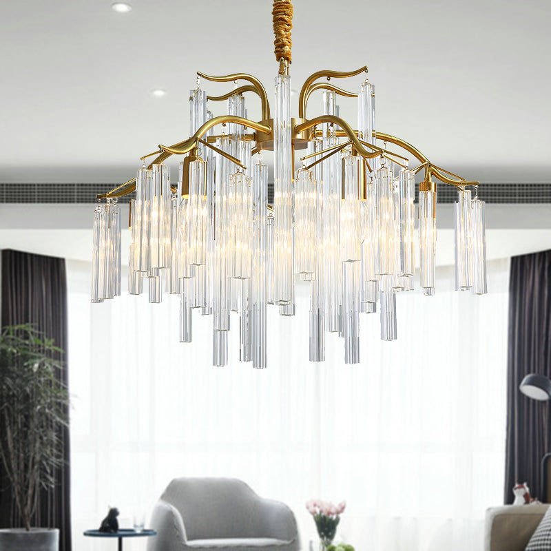 Gold Curved Arm Chandelier Light Postmodern 7 Heads Tri-Sided Crystal Rod Hanging Light Fixture