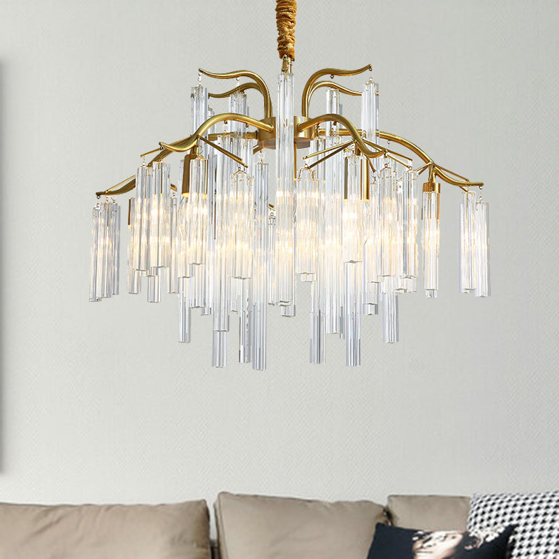 Gold Curved Arm Chandelier Light Postmodern 7 Heads Tri-Sided Crystal Rod Hanging Light Fixture