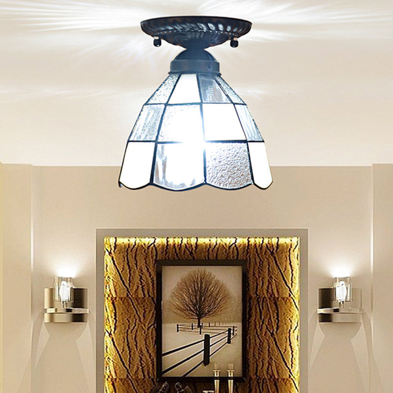 7 Inches Width White Stained Glass One-light Tiffany Semi Flush Mount Ceiling Light for Bedroom