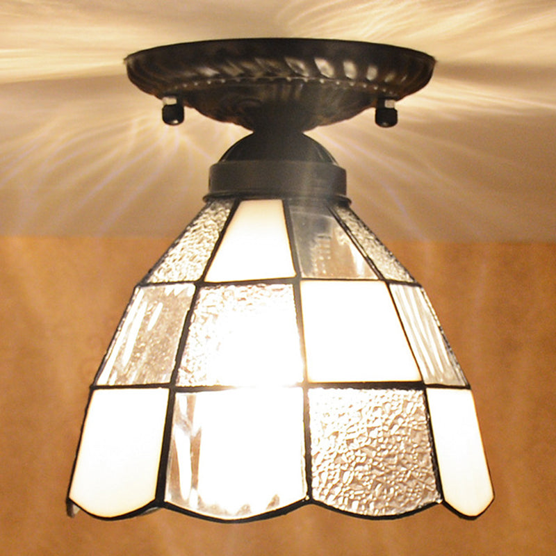 7 Inches Width White Stained Glass One-light Tiffany Semi Flush Mount Ceiling Light for Bedroom