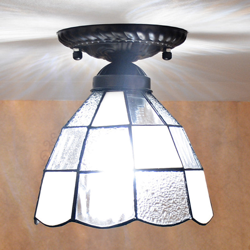 7 Inches Width White Stained Glass One-light Tiffany Semi Flush Mount Ceiling Light for Bedroom