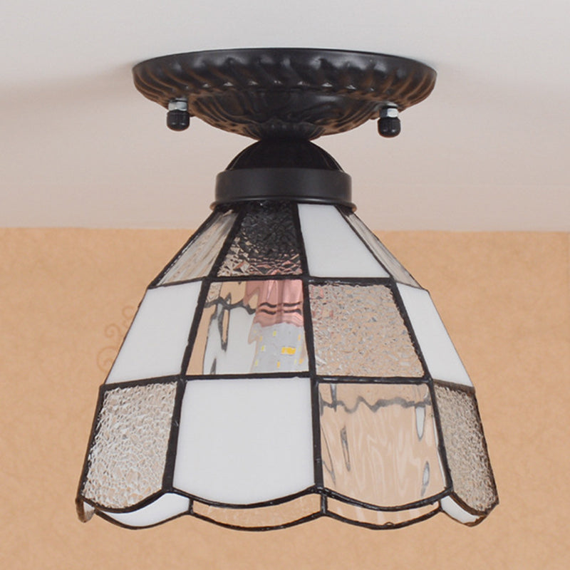 7 Inches Width White Stained Glass One-light Tiffany Semi Flush Mount Ceiling Light for Bedroom