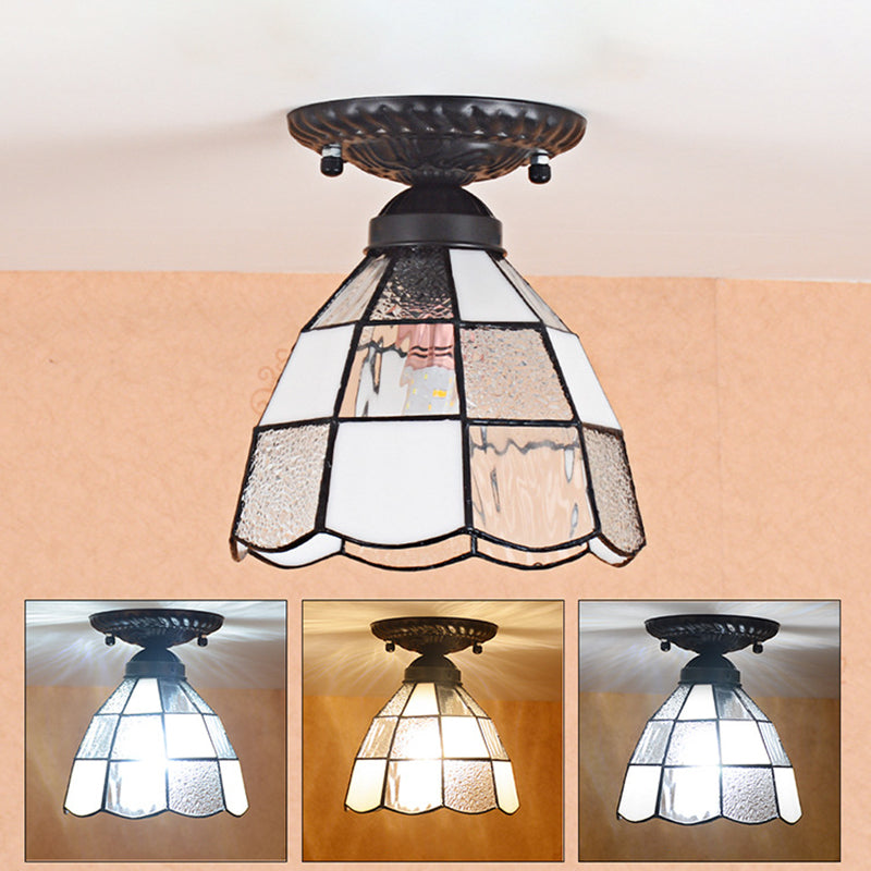 7 Inches Width White Stained Glass One-light Tiffany Semi Flush Mount Ceiling Light for Bedroom