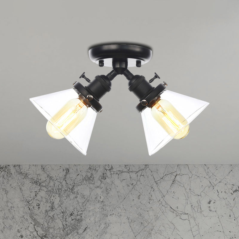 2 Heads Restaurant Ceiling Light Fixture Vintage Style Black/Bronze Semi Flush Mount Light with Conic Amber/Clear Glass Shade