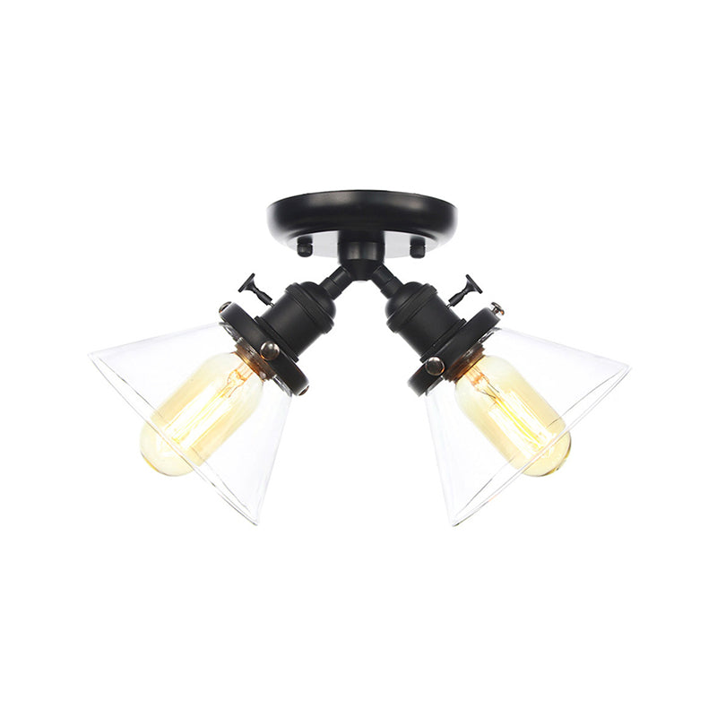 2 Heads Restaurant Ceiling Light Fixture Vintage Style Black/Bronze Semi Flush Mount Light with Conic Amber/Clear Glass Shade