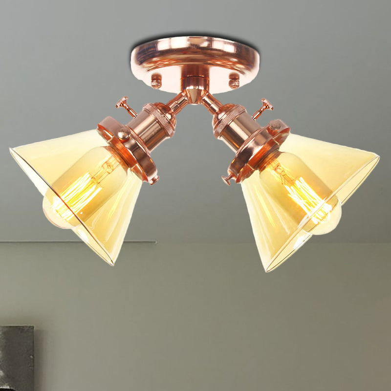 2 Heads Restaurant Ceiling Light Fixture Vintage Style Black/Bronze Semi Flush Mount Light with Conic Amber/Clear Glass Shade