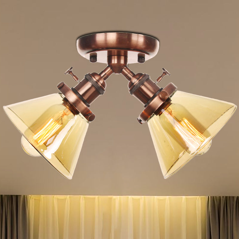 2 Heads Restaurant Ceiling Light Fixture Vintage Style Black/Bronze Semi Flush Mount Light with Conic Amber/Clear Glass Shade