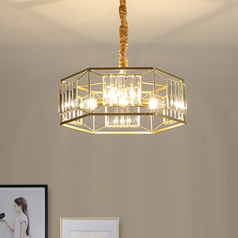 Hexagon Metal Frame Hanging Light Modern Crystal Block 3 Heads Gold Hanging Ceiling Light