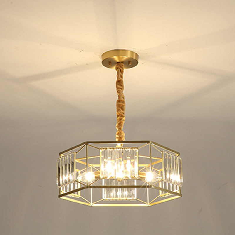 Hexagon Metal Frame Hanging Light Modern Crystal Block 3 Heads Gold Hanging Ceiling Light