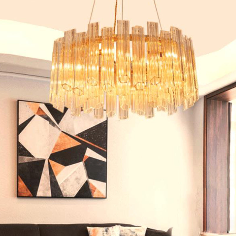 Circular Chandelier Light Modern Ridged Clear Crystal 8 Heads Gold Hanging Light Fixture