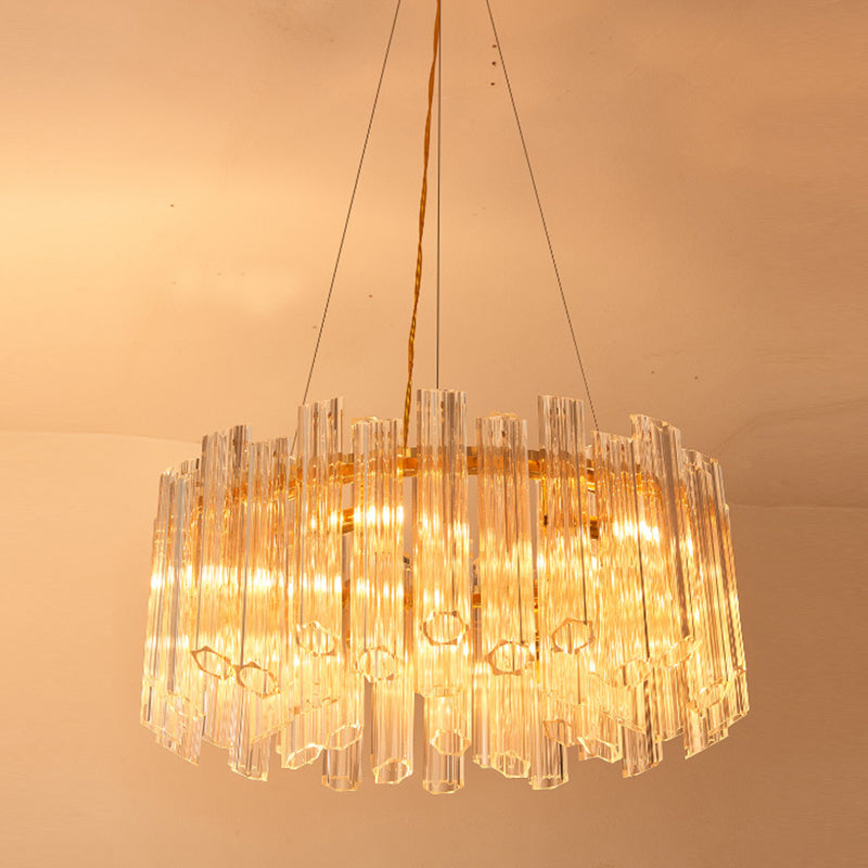 Circular Chandelier Light Modern Ridged Clear Crystal 8 Heads Gold Hanging Light Fixture