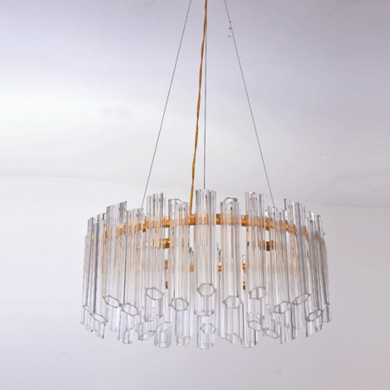 Circular Chandelier Light Modern Ridged Clear Crystal 8 Heads Gold Hanging Light Fixture