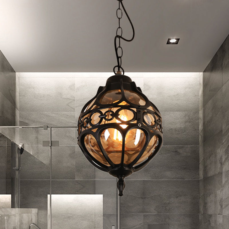 Restaugatura rotonda Hanging Light Farmhouse Amber Glass 1 Lampada a sospensione a soffitto nero/ottone con gabbia