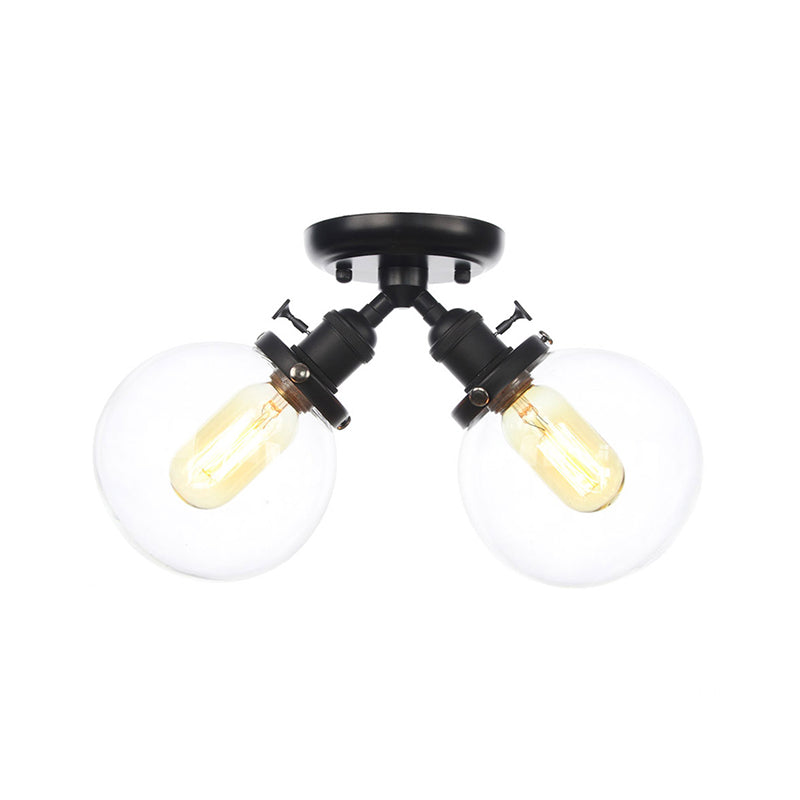 Global Restaurant Semi Flush Light Metal y Amber/Clear Glass 2 Heads Lámpara de techo estilo granja en negro/bronce