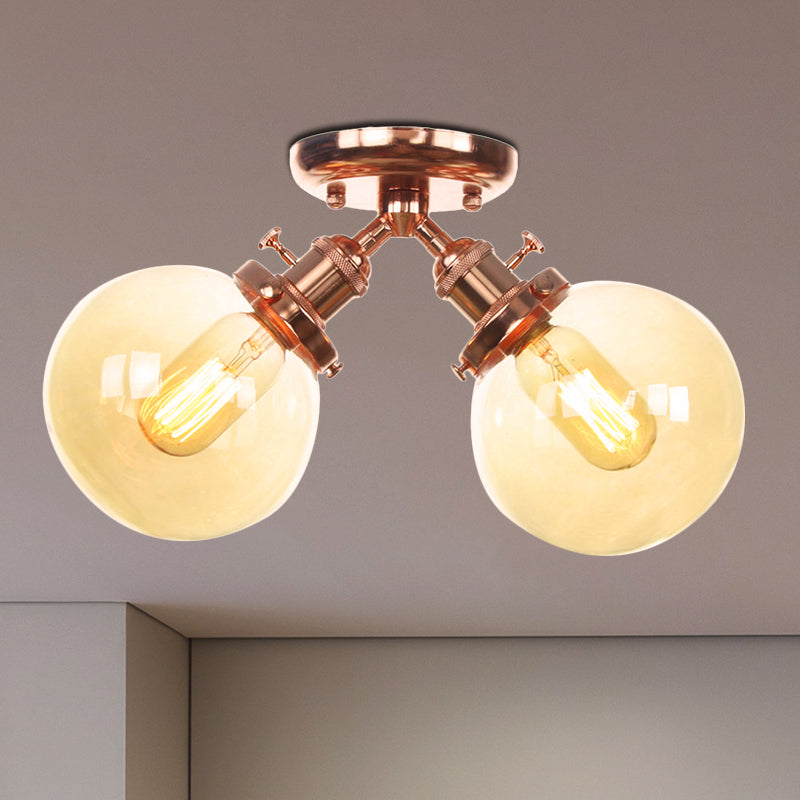 Global Restaurant Semi Flush Light Metal and Amber/Clear Glass 2 Heads boerderij stijl plafondlamp in zwart/brons