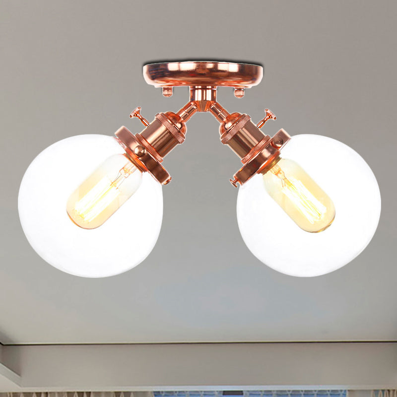 Global Restaurant Semi Flush Light Metal y Amber/Clear Glass 2 Heads Lámpara de techo estilo granja en negro/bronce