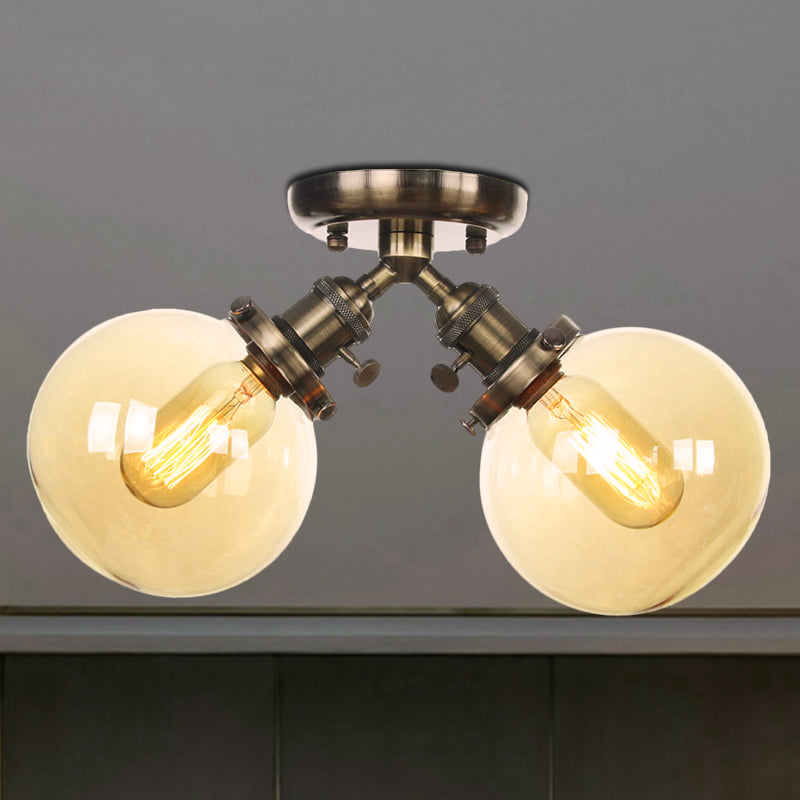 Global Restaurant semi Flush Light Metal and Amber / Clear Glass 2 Heads Farmhouse Style Plafond Lampe en noir / bronze