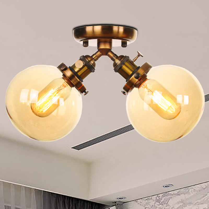 Global Restaurant Semi Flush Light Metal and Amber/Clear Glass 2 Heads Farmhouse Style Ceiling Lamp in Black/Bronze