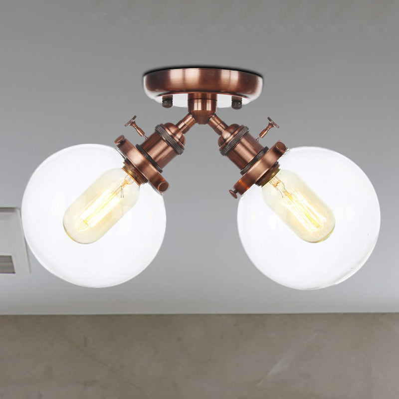 Global Restaurant Semi Flush Light Metal y Amber/Clear Glass 2 Heads Lámpara de techo estilo granja en negro/bronce