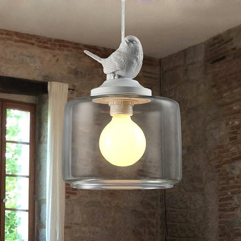 Drum Pendant Light Fixture Contemporary Clear Glass 1 Head Restaurant Hanging Lamp with Bird Decoration