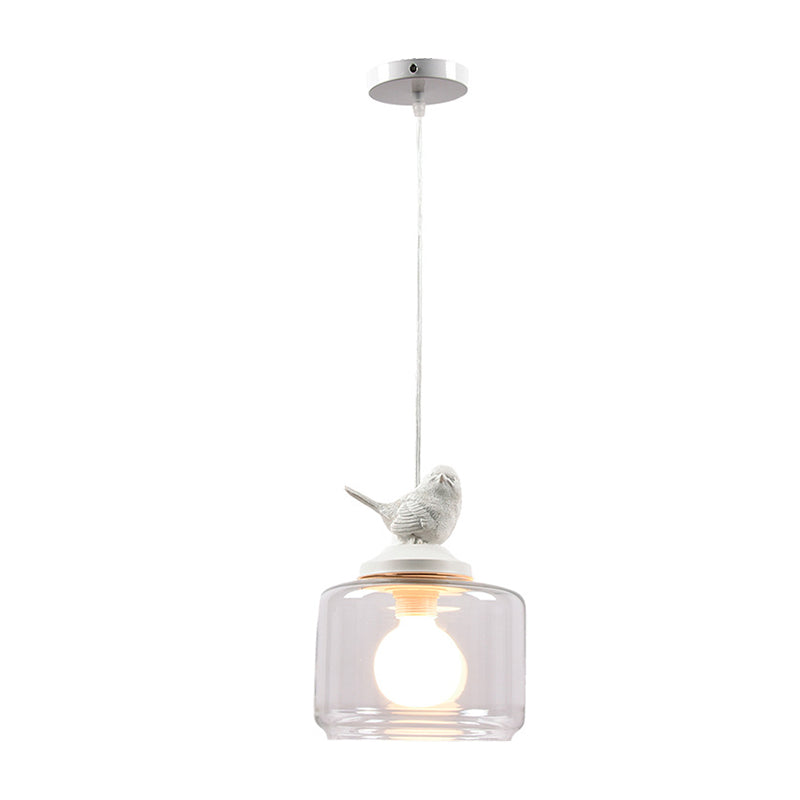 Drum Pendant Light Fixture Contemporary Clear Glass 1 Head Restaurant Hanging Lamp with Bird Decoration