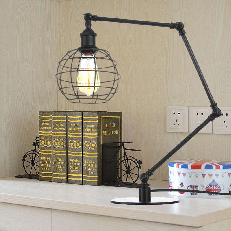 Warehouse Wire Guard Table Light Metal 1 Head Coffee Shop Table Lamp with Global Shade in Black/Brass Finish