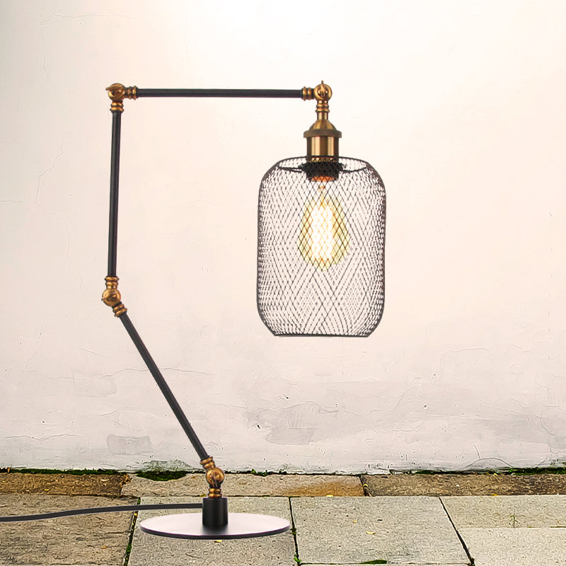 Metal Cylindrical Table Lighting Industrial Style 1 Light Black/Brass Finish Adjustable Table Light with Mesh Screen