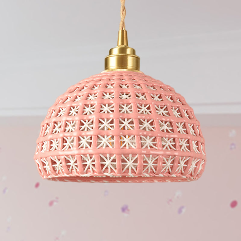 Blue/Pink Dome Suspension Lamp Vintage Stylish 1 Light Ceramic Hanging Lighting with Hollow Out Design