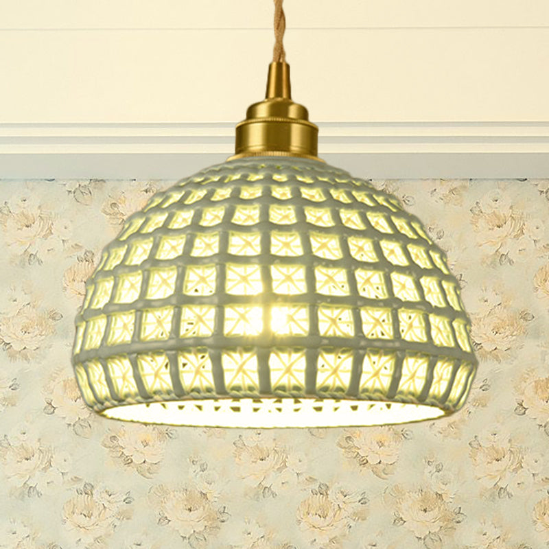 Blue/Pink Dome Suspension Lamp Vintage Stylish 1 Light Ceramic Hanging Lighting with Hollow Out Design