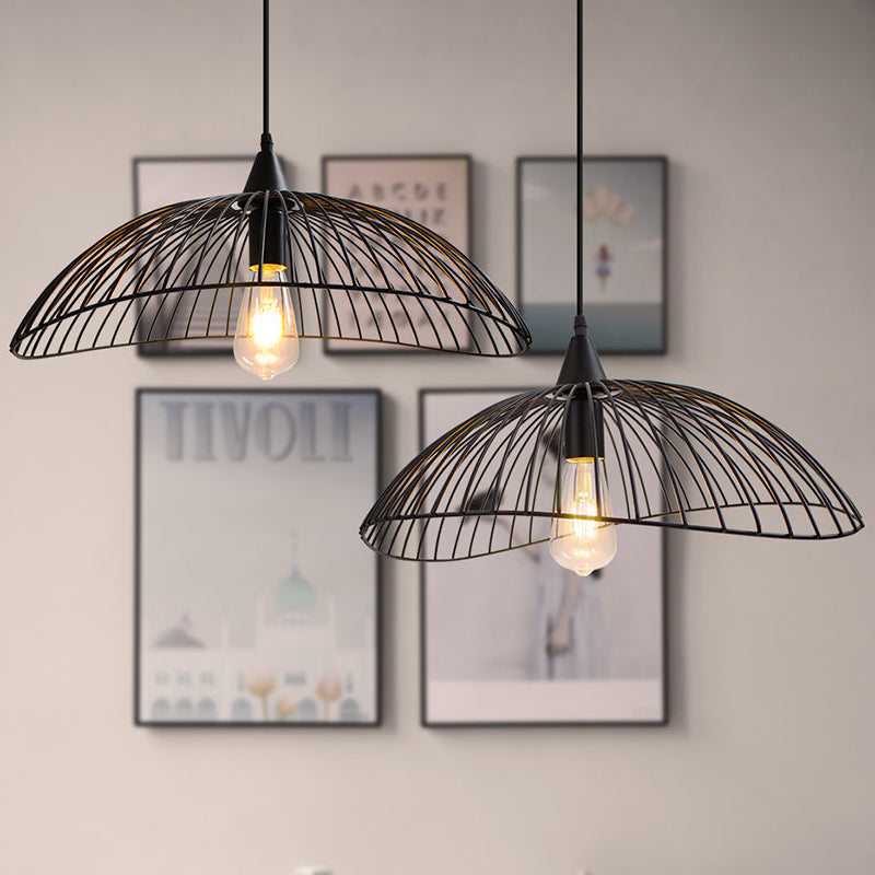 8"/19.5" Dia Caged Ceiling Light Industrial Style Metal 1 Head Kitchen Suspension Light with Waveforms Design in Black